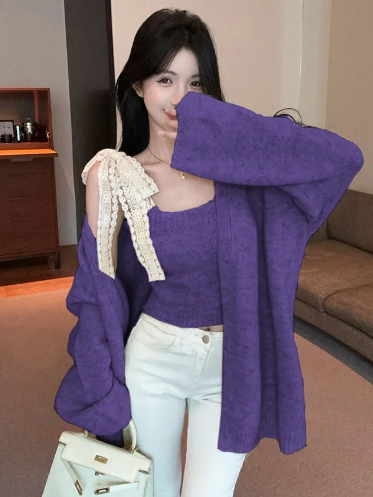 Korean Style Sweet Spicy Girl Unique Lace Strap Long Sleeve Open Cardigan Sweater Design Fashionable Two-Piece Set Women
Korean Style Sweet Spicy Girl Unique Lace Strap Long Sleeve Open Cardigan Sweater Design Fashionable Two-Piece Set Women