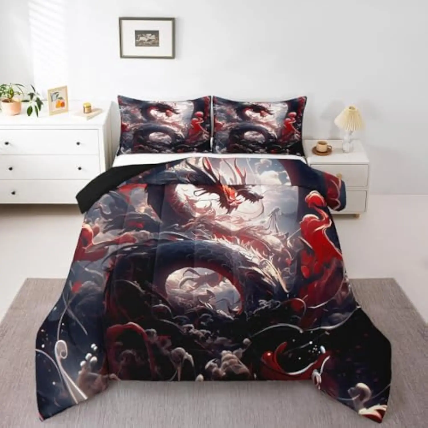 Magic Dragon Bedding Queen Size Black and Red Dragon Comforter Set Queen, Magical Animal Duvet Insert Eastern Ancient Wildlife
Magic Dragon Bedding Queen Size Black and Red Dragon Comforter Set Queen, Magical Animal Duvet Insert Eastern Ancient Wildlife