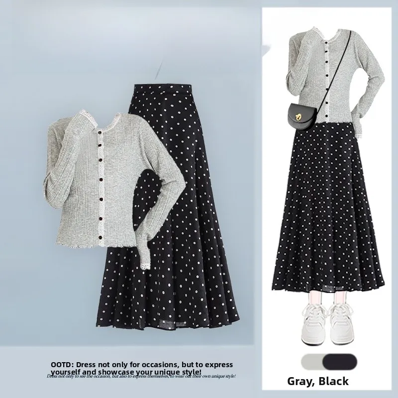 Korean Fashion Grey round Neck Knitwear Women's Soft Elegant Top Polka Dot Long Skirt Set Autumn Season Casual Wear
Korean Fashion Grey round Neck Knitwear Women's Soft Elegant Top Polka Dot Long Skirt Set Autumn Season Casual Wear