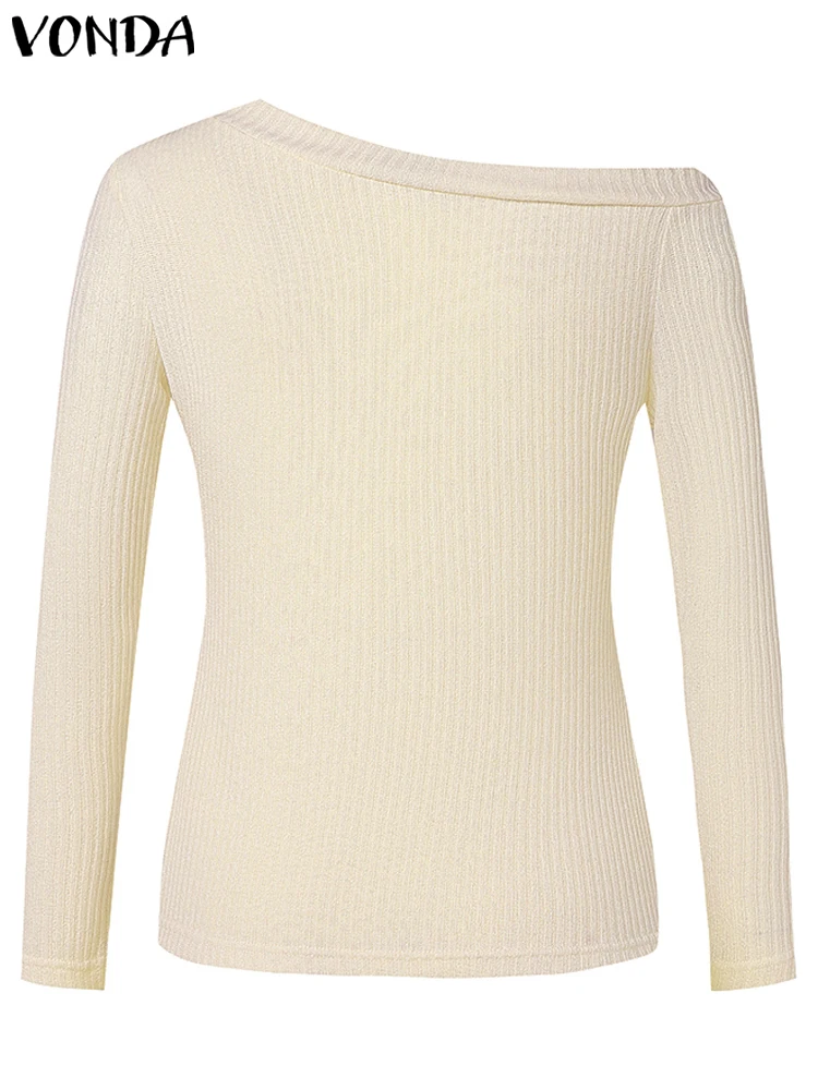 2025 Winter Knitted Sweaters Women Sexy Off The Shoulder Tops Irregular Neck Long Sleeve Solid Metal Button Pullovers VONDA 
2025 Winter Knitted Sweaters Women Sexy Off The Shoulder Tops Irregular Neck Long Sleeve Solid Metal Button Pullovers VONDA