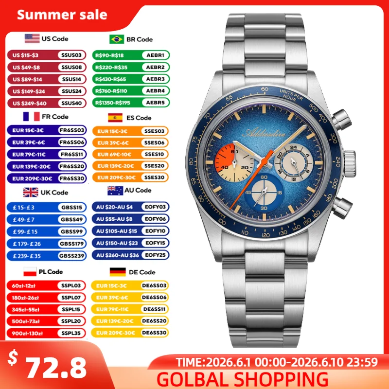ADDIESDIVE Men's Chronograph Watch New 100m Waterproof Quartz Watches Domed Crystal 316L Steel Super Luminous Wristwatch AD2551
ADDIESDIVE Men's Chronograph Watch New 100m Waterproof Quartz Watches Domed Crystal 316L Steel Super Luminous Wristwatch AD2551