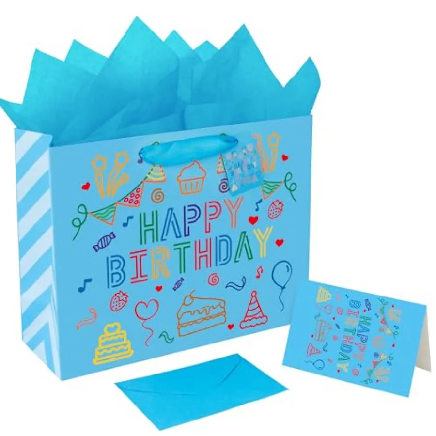 Happy Birthday Gift Bag With Handles Tissue Papers and Greeting Card, 13 Inch Medium Size for Birthday Perfect for Kid, Bouth W
Happy Birthday Gift Bag With Handles Tissue Papers and Greeting Card, 13 Inch Medium Size for Birthday Perfect for Kid, Bouth W