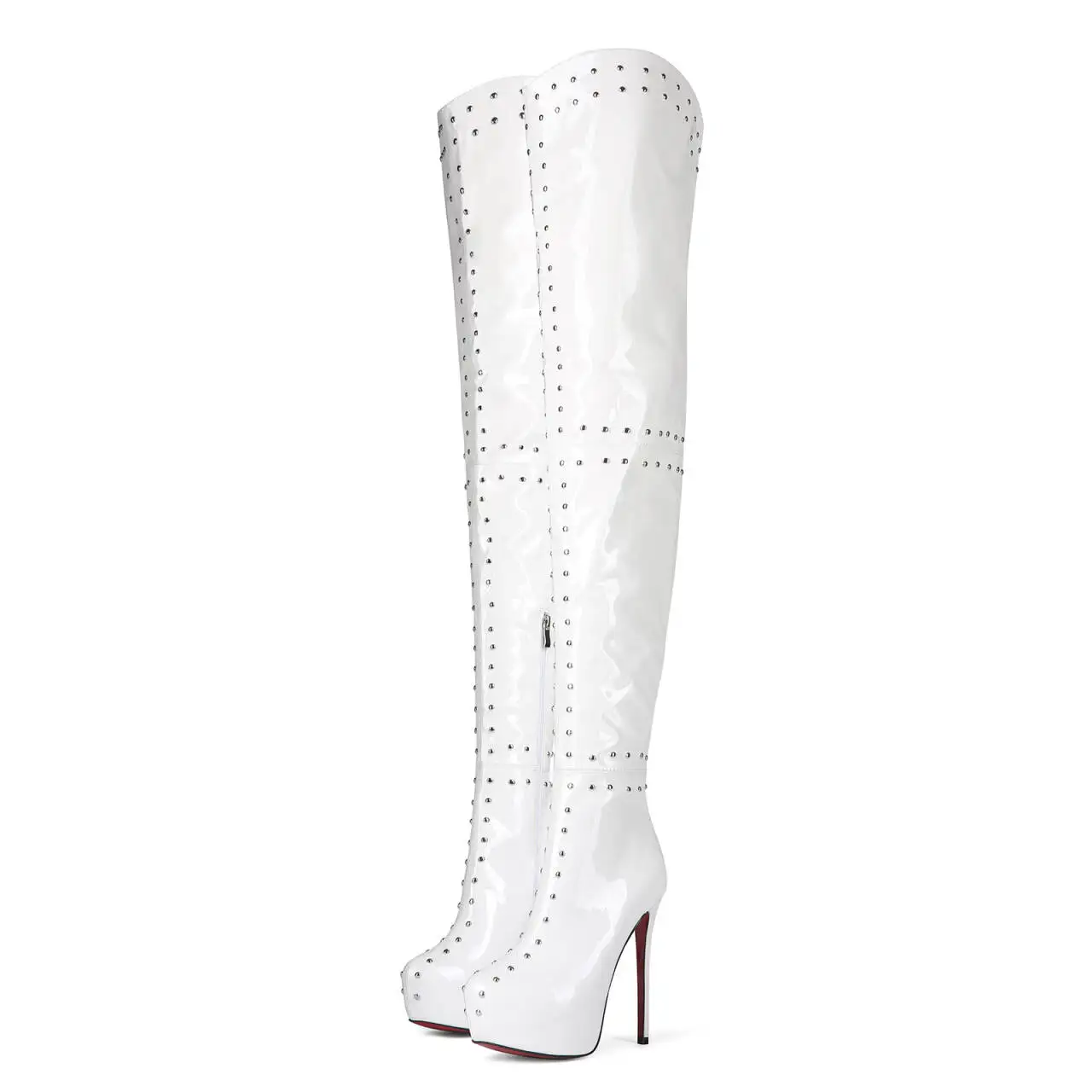 Белые женские ботинки выше колена на платформе с круглым носком и заклепками, модная женская обувь большого размера на высоком каблуке-шпильке с боковой молнией
Белые женские ботинки выше колена на платформе с круглым носком и заклепками, модная женская обувь большого размера на высоком каблуке-шпильке с боковой молнией