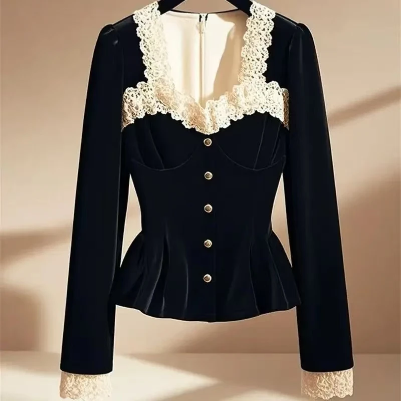 Luxury French Black Velvet Shirt Square Collar Lace Patchwork Blouse Women Slim Waist Zipper Tops Autumn Royal Style Office Lady
Luxury French Black Velvet Shirt Square Collar Lace Patchwork Blouse Women Slim Waist Zipper Tops Autumn Royal Style Office Lady