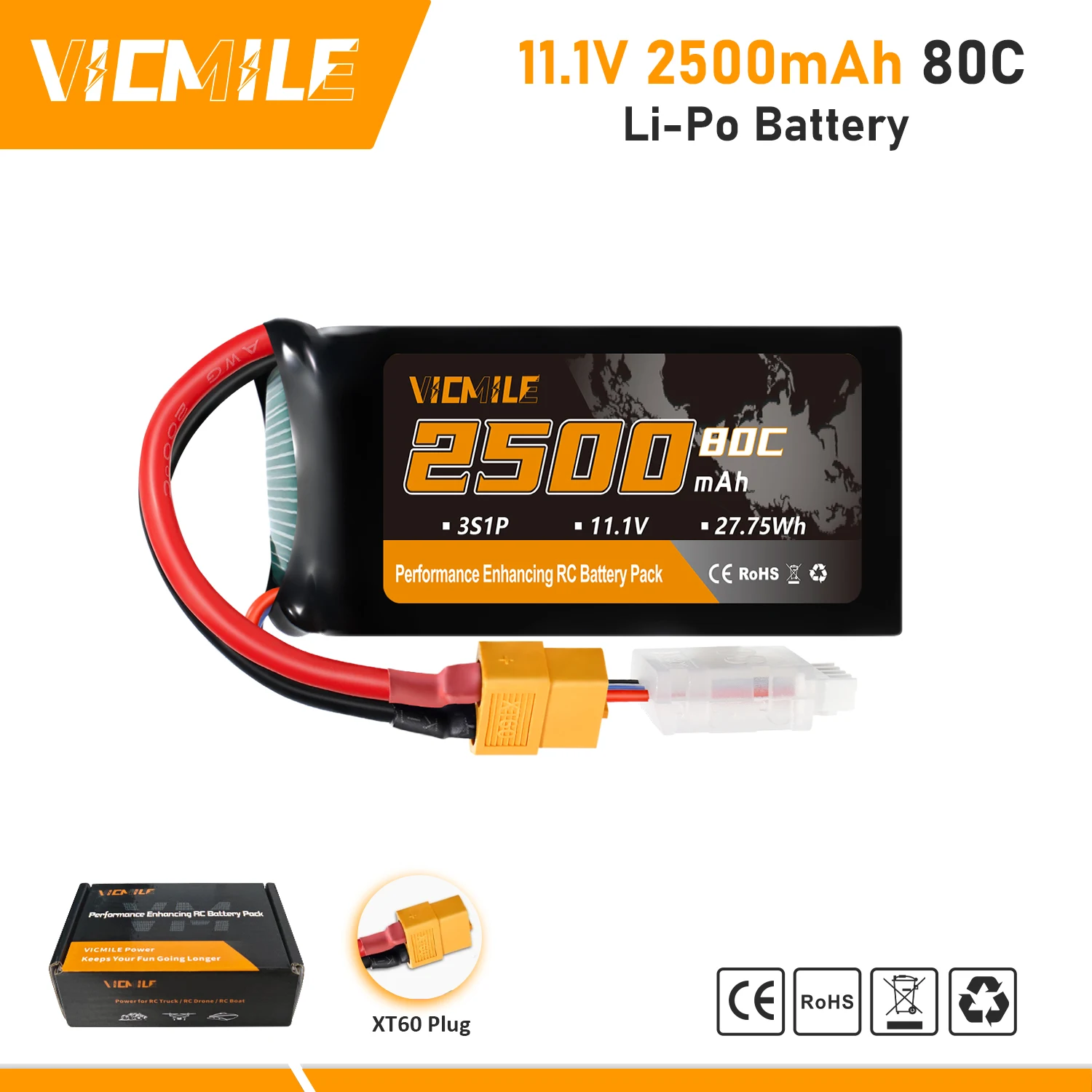 VICMILE 1-2 шт. 11,1 В 2500 мАч 3S Lipo аккумулятор с разъемом XT60 подходит для радиоуправляемого самолета FPV Квадрокоптера Вертолета Дрона и гоночного радиоуправления 
VICMILE 1-2 шт. 11,1 В 2500 мАч 3S Lipo аккумулятор с разъемом XT60 подходит для радиоуправляемого самолета FPV Квадрокоптера Вертолета Дрона и гоночного радиоуправления