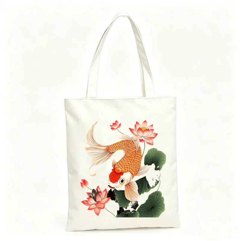 Women's canvas tote bag with goldfish and lotus pattern, artistic design for casual outings and daily use
Women's canvas tote bag with goldfish and lotus pattern, artistic design for casual outings and daily use