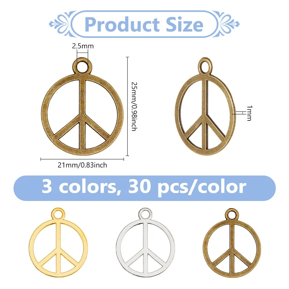 90Pcs 3 Colors Zinc Alloy Pendants Cadmium Free Lead Free Peace Sign Mixed Color 25x21x1mm Hole: 2.5mm 30pcs/colors
90Pcs 3 Colors Zinc Alloy Pendants Cadmium Free Lead Free Peace Sign Mixed Color 25x21x1mm Hole: 2.5mm 30pcs/colors