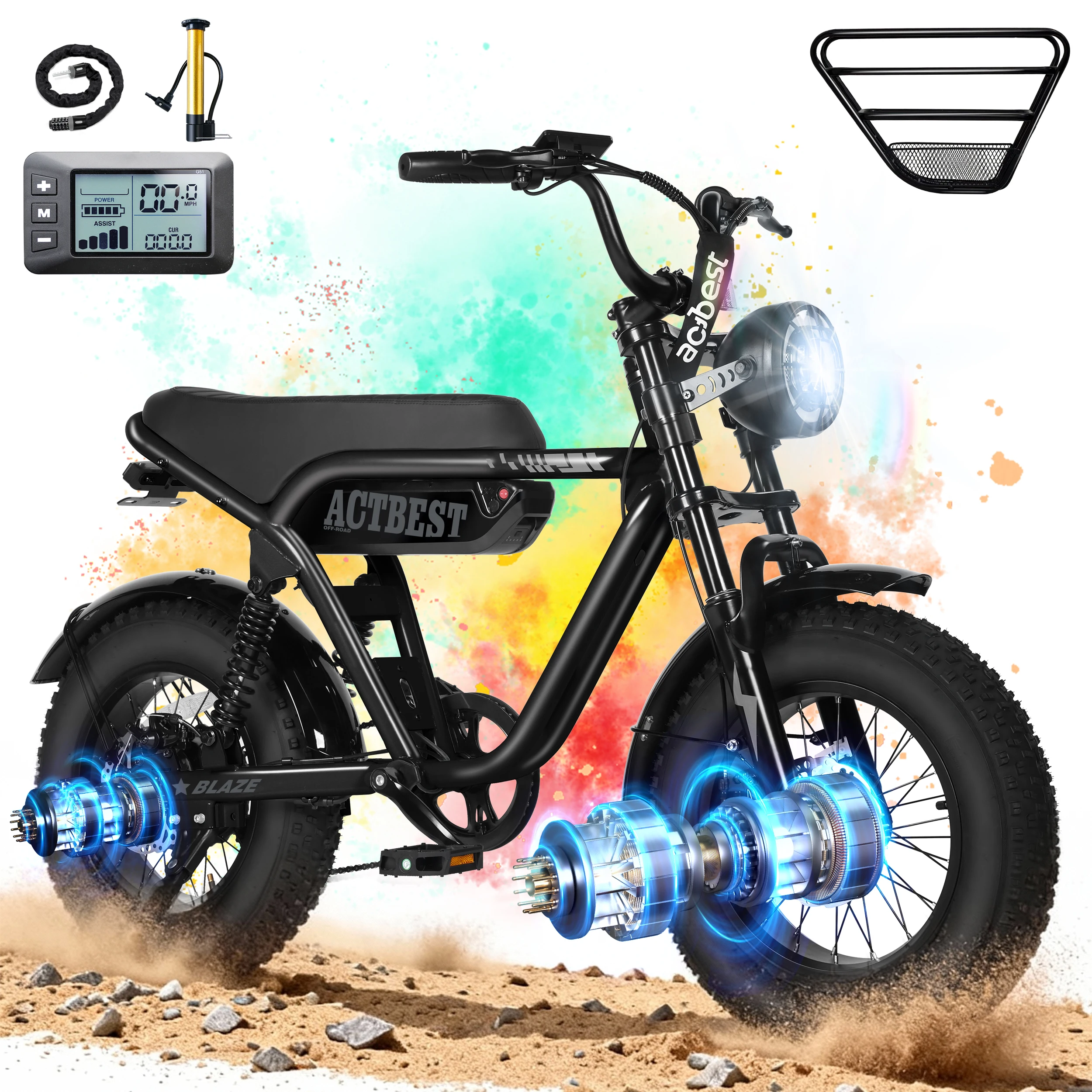 ActBest Blaze Electric BiNke, 16" Fat Tires Electric Mountain Bike, 1200W Peak Motor 48V 10.4Ah, 25 MPH 55Mi Range Off-Road Ebike with Full Suspension, with Free Bike Lock
ActBest Blaze Electric BiNke, 16" Fat Tires Electric Mountain Bike, 1200W Peak Motor 48V 10.4Ah, 25 MPH 55Mi Range Off-Road Ebike with Full Suspension, with Free Bike Lock