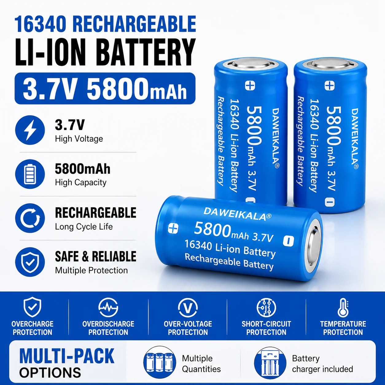 16340 CR123A 3.7V 5800mAh Rechargeable Li-ion Battery Wall Charger Kit for Flashlight Camera Laser Pen
16340 CR123A 3.7V 5800mAh Rechargeable Li-ion Battery Wall Charger Kit for Flashlight Camera Laser Pen