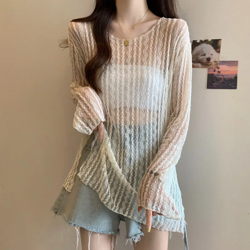 Women's Summer Hollow Out See Thorugh Thin Long Sleeve Sweater Lady Holiday Beach Sun-proof Side Split Loose Pullover Jumper
Women's Summer Hollow Out See Thorugh Thin Long Sleeve Sweater Lady Holiday Beach Sun-proof Side Split Loose Pullover Jumper