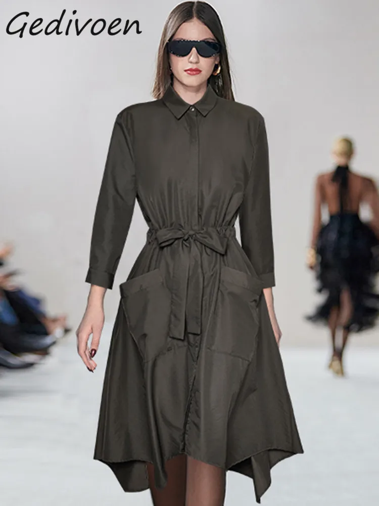 Gedivoen Autumn Fashion Designer Black Vintage Party Dress Women Lapel Pocket Frenulum Gathered Waist Slim Irregular Midi Dress
Gedivoen Autumn Fashion Designer Black Vintage Party Dress Women Lapel Pocket Frenulum Gathered Waist Slim Irregular Midi Dress