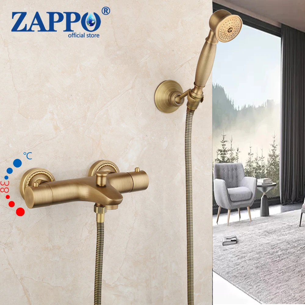 ZAPPO Antique Brass Bathroom Thermostatic Shower Set W/ Rainfall Hand Shower Held Wall Mounted Bathtub Shower Mixer Faucet Set
ZAPPO Antique Brass Bathroom Thermostatic Shower Set W/ Rainfall Hand Shower Held Wall Mounted Bathtub Shower Mixer Faucet Set