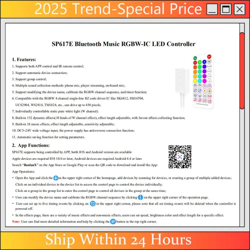 AA64 SP617E SK6812 RGBW Bluetooth Music Controller Built In Mic LED Light Strip Controller WS2814 TM1824 DC5V-24
AA64 SP617E SK6812 RGBW Bluetooth Music Controller Built In Mic LED Light Strip Controller WS2814 TM1824 DC5V-24