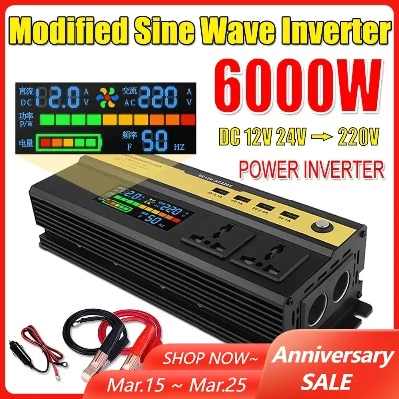 Modified Sine Wave Inverter 6000/5000/4000/3000W Voltage Transformer Converter LCD Digital Display Solar Inverter DC 12V TO 220V
Modified Sine Wave Inverter 6000/5000/4000/3000W Voltage Transformer Converter LCD Digital Display Solar Inverter DC 12V TO 220V