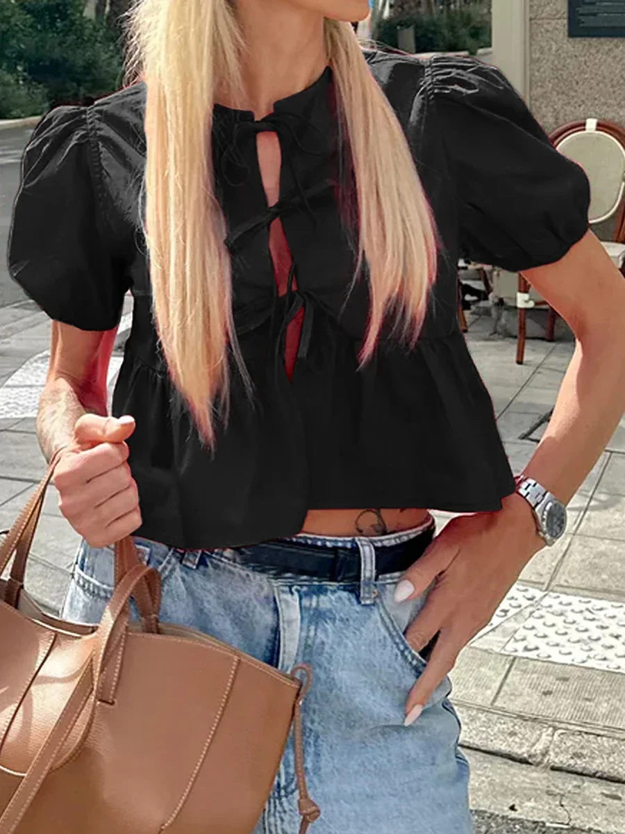 Женские рубашки Babydoll с завязками спереди, милый топ с баской и рюшами, блузка на выход с короткими рукавами и пышными рукавами, повседневные свободные топы, уличная одежда
Женские рубашки Babydoll с завязками спереди, милый топ с баской и рюшами, блузка на выход с короткими рукавами и пышными рукавами, повседневные свободные топы, уличная одежда