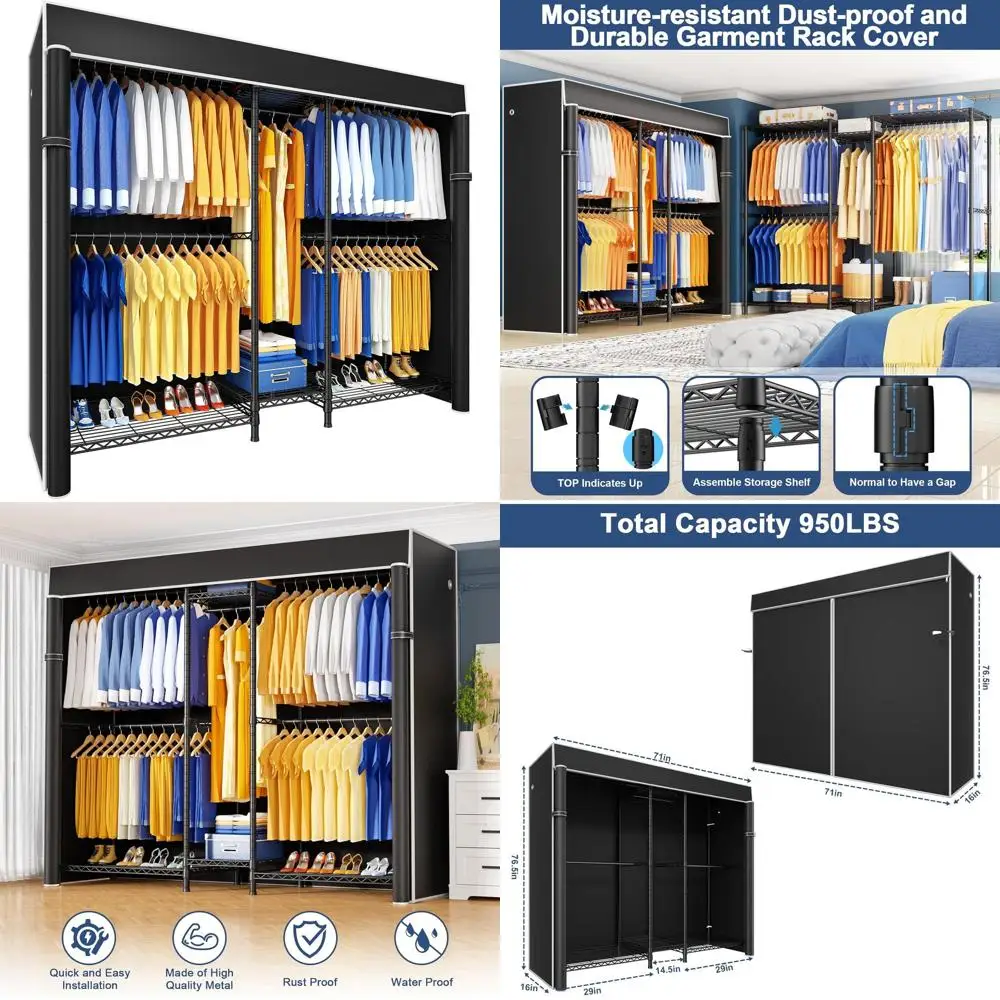 Heavy-Duty 71W x 16D x 76.5H Adjustable Garment Rack, Holds 960 lbs, Black with Dustproof Cover
Heavy-Duty 71W x 16D x 76.5H Adjustable Garment Rack, Holds 960 lbs, Black with Dustproof Cover