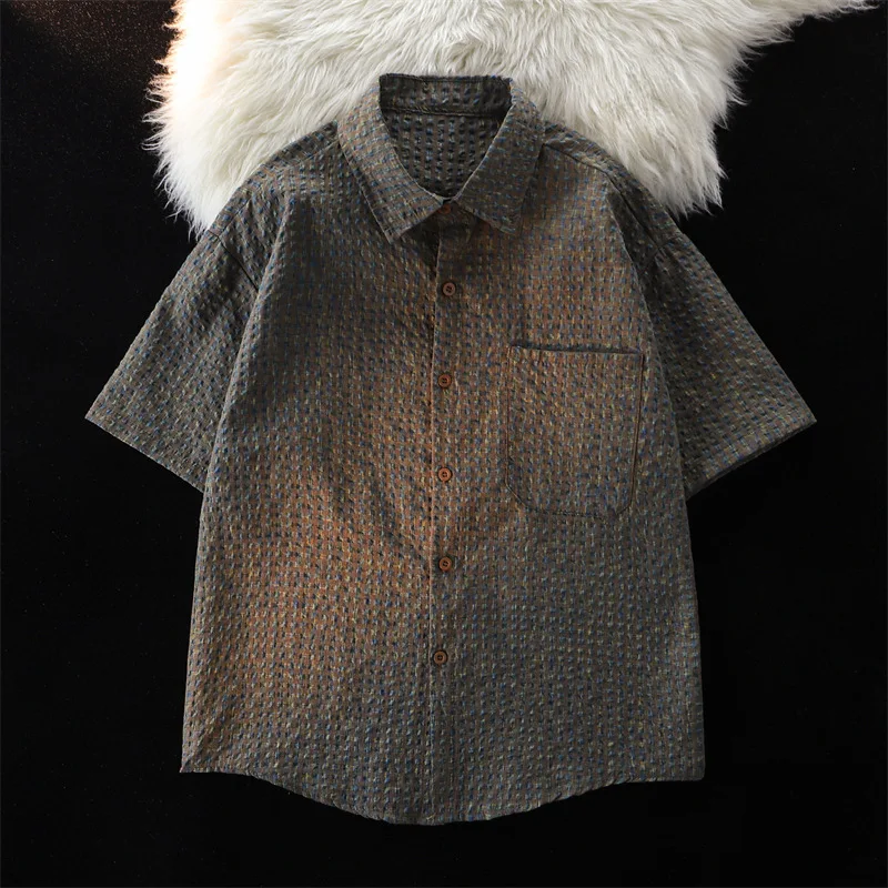 Summer Thin Fashion Seersucker Shirts For Men Vintage Short Sleeves Lapel Tops Casual Lazy Style Pleated Plaid Shirt Streetwear
Summer Thin Fashion Seersucker Shirts For Men Vintage Short Sleeves Lapel Tops Casual Lazy Style Pleated Plaid Shirt Streetwear