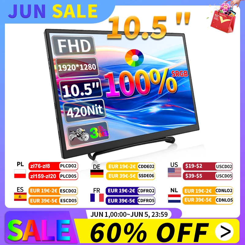 HGFRTEE 10,5-дюймовый портативный монитор 420Cd/m 2 FHD 1280P 100% SRGB второй экран ноутбука для Mac Xbox PS4/5 Switch
HGFRTEE 10,5-дюймовый портативный монитор 420Cd/m 2 FHD 1280P 100% SRGB второй экран ноутбука для Mac Xbox PS4/5 Switch