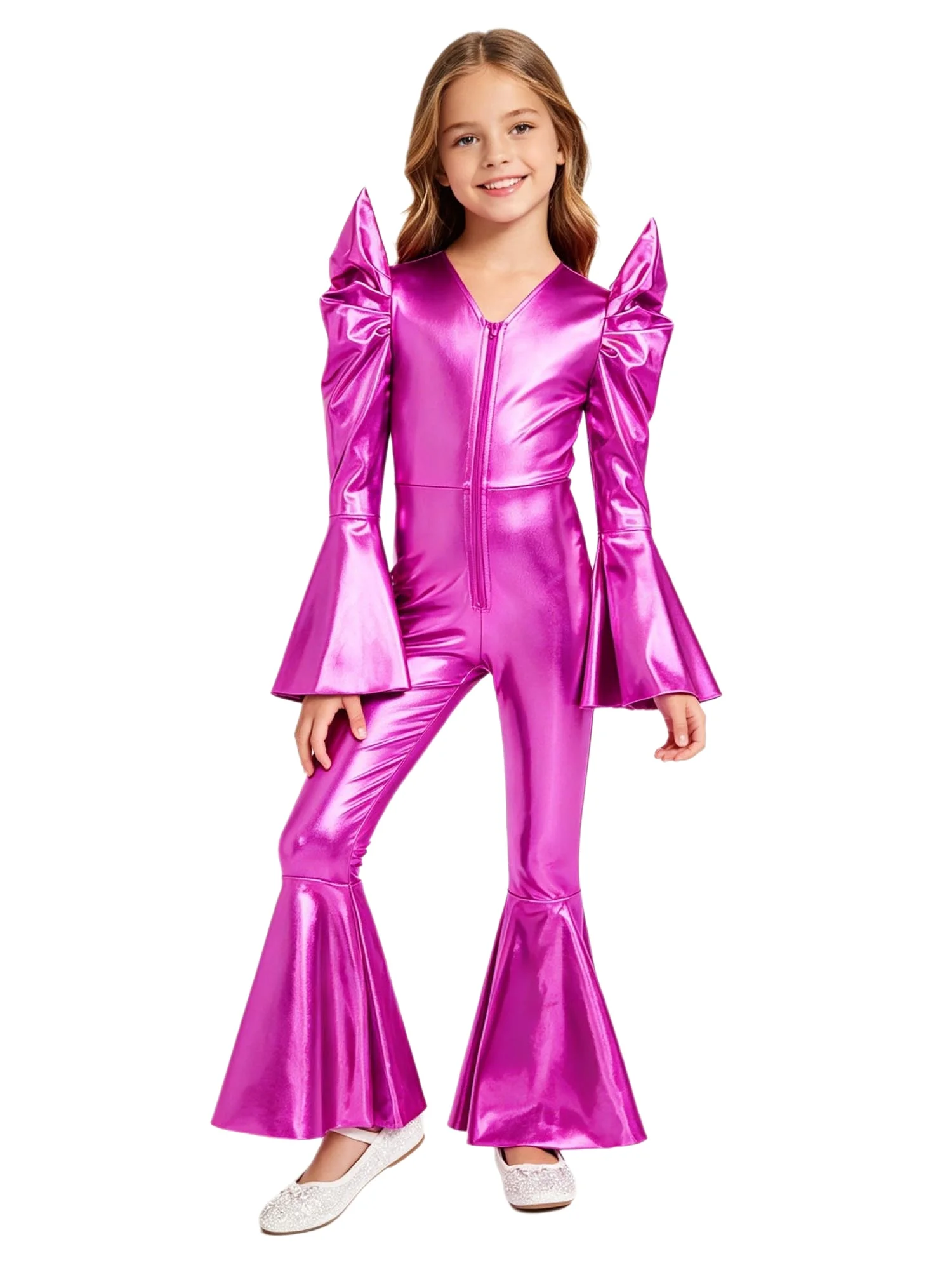 Kids Girls Shiny Metallic Bell Bottom Jumpsuit High Waist Long Sleeve Front Zip Hippie Romper Sparkly for Halloween Disco Party
Kids Girls Shiny Metallic Bell Bottom Jumpsuit High Waist Long Sleeve Front Zip Hippie Romper Sparkly for Halloween Disco Party