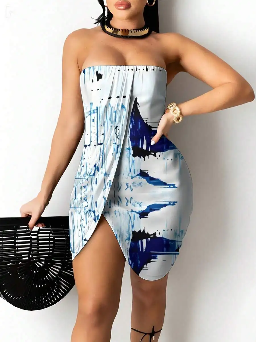 Womens Strapless Bodycon Dress Blue White Abstract Watercolor Print
Womens Strapless Bodycon Dress Blue White Abstract Watercolor Print