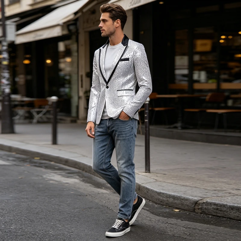 Blazer Men Banquet Coat Turn Down Collar Round Sequins Blazers Single Button Full Sleeve Evening Slim Fit Jacket 2026 Spring
Blazer Men Banquet Coat Turn Down Collar Round Sequins Blazers Single Button Full Sleeve Evening Slim Fit Jacket 2026 Spring