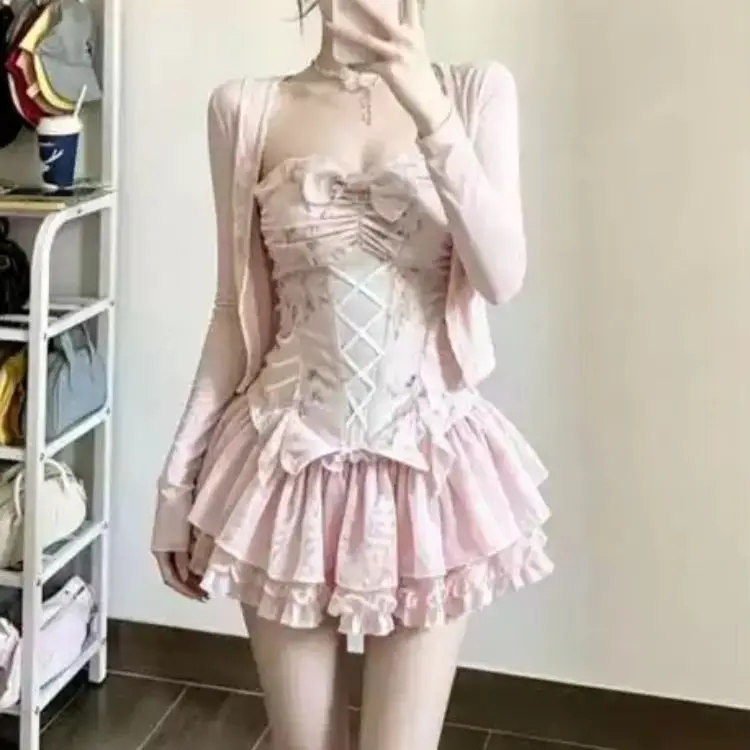 Japanese Sweet Fashion Lolita 3 Piece Set Women Chic Pink Cardigan + Strapless Y2k Tops + Skirt Harajuku Korean Casual Outfits
Japanese Sweet Fashion Lolita 3 Piece Set Women Chic Pink Cardigan + Strapless Y2k Tops + Skirt Harajuku Korean Casual Outfits