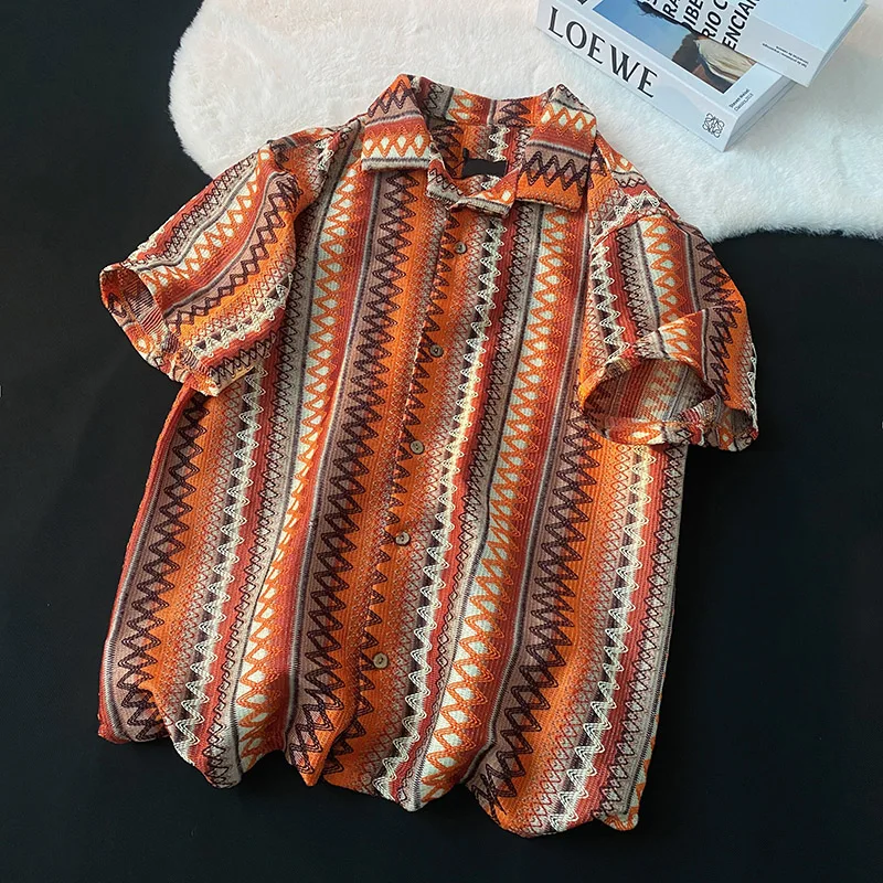 Retro Cuban Collar Half Sleeve Shirt Mens Summer Color Block Design Hollow out Knitted Short Sleeve Shirt Loose Fit Youth Trend
Retro Cuban Collar Half Sleeve Shirt Mens Summer Color Block Design Hollow out Knitted Short Sleeve Shirt Loose Fit Youth Trend