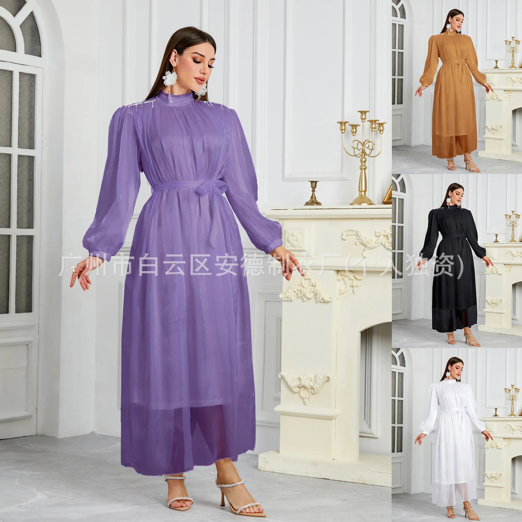 Women's New Standing Collar Wrinkled Yarn Lantern Sleeve Waist Belt Handmade Nail Diamond Dress Dubai Luxury Islam Elegant
Women's New Standing Collar Wrinkled Yarn Lantern Sleeve Waist Belt Handmade Nail Diamond Dress Dubai Luxury Islam Elegant