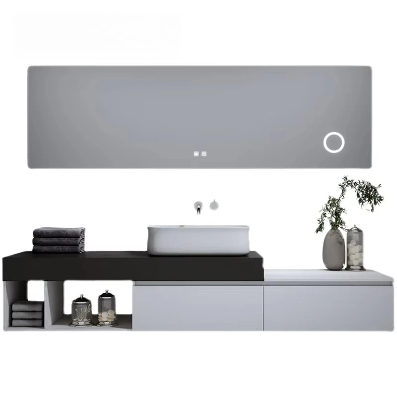 European wall-mounted white floating vanity cabinet and black sink
European wall-mounted white floating vanity cabinet and black sink