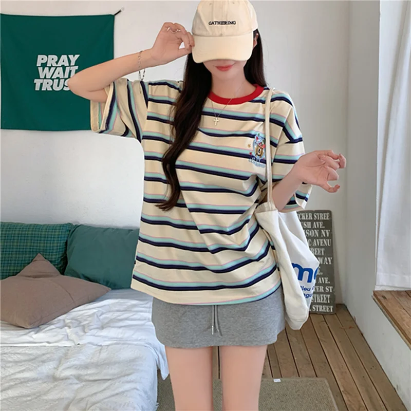 Dopne Stripe Color Blo ort Sve Футболка женская свободная посадка Лето Новый дизайн Большой размер плюс размер Повседневный круглый топ Ne
Dopne Stripe Color Blo ort Sve Футболка женская свободная посадка Лето Новый дизайн Большой размер плюс размер Повседневный круглый топ Ne