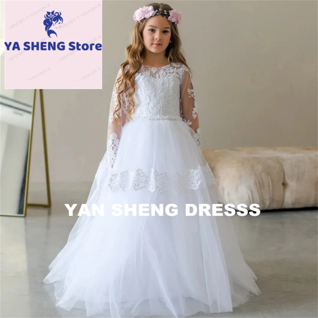 Customized Flower Girl Dresses White Tulle Pearls Belt Lace Appliques Long Sleeve For Wedding Birthday Party Holy Communion Gown
Customized Flower Girl Dresses White Tulle Pearls Belt Lace Appliques Long Sleeve For Wedding Birthday Party Holy Communion Gown