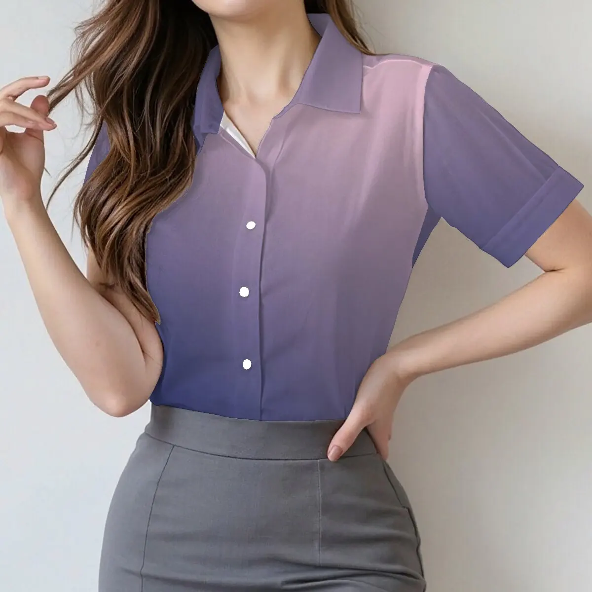 Женская летняя рубашка с коротким рукавом и элегантным фиолетовым градиентом, подходит для работы, отдыха, свиданий, встреч с друзьями.
Женская летняя рубашка с коротким рукавом и элегантным фиолетовым градиентом, подходит для работы, отдыха, свиданий, встреч с друзьями.