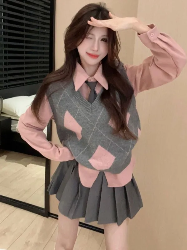 Prep Style Women's Pink Knitted Vest Shirt High Waist Skirt Autumn Winter New Fashion Three-piece Set Slim Fit Button De...
Prep Style Women's Pink Knitted Vest Shirt High Waist Skirt Autumn Winter New Fashion Three-piece Set Slim Fit Button De...