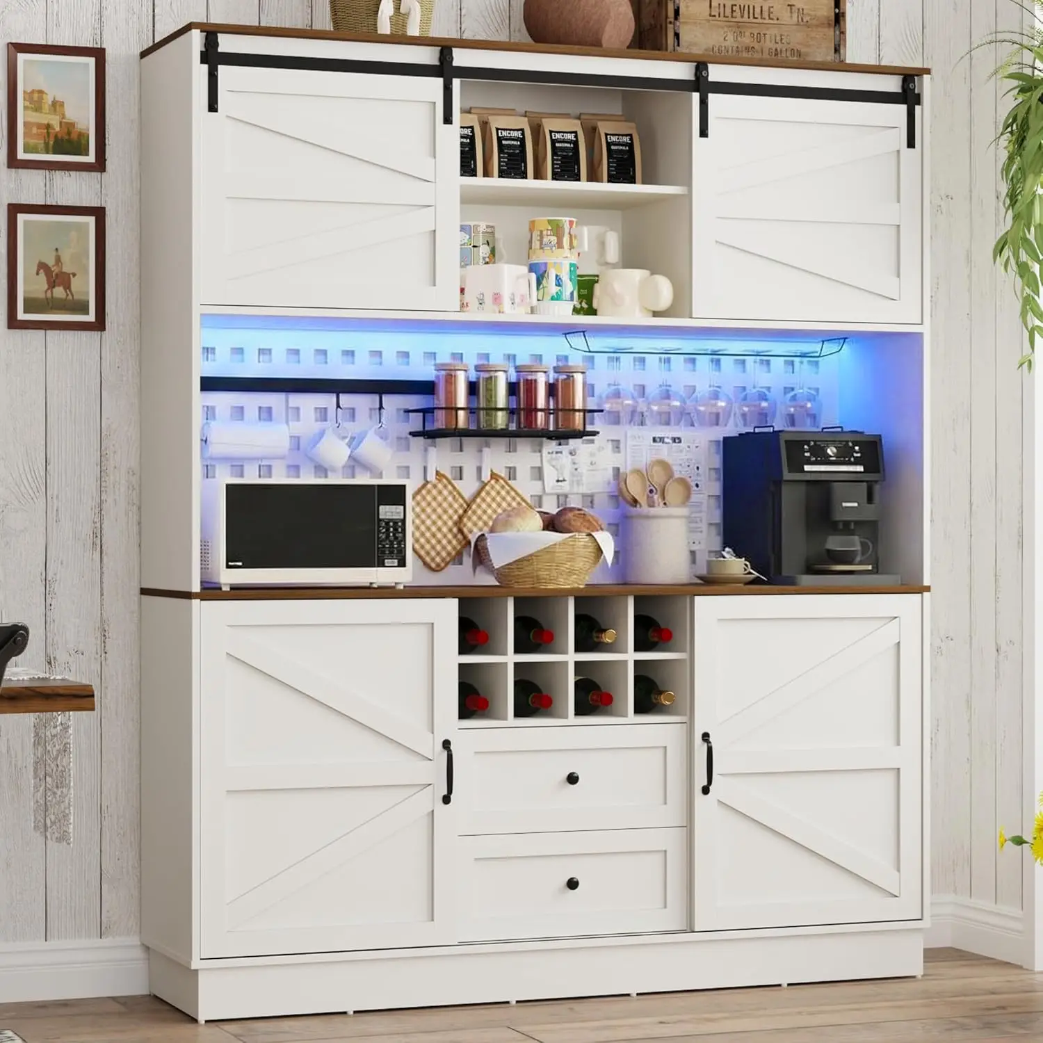 XL Kitchen Pantry Storage Cabinet w/ Outlet Pegboard LED Light Microwave Shelf Wine Rack 4 Barn Doors 2 Drawers Black,Customized
XL Kitchen Pantry Storage Cabinet w/ Outlet Pegboard LED Light Microwave Shelf Wine Rack 4 Barn Doors 2 Drawers Black,Customized