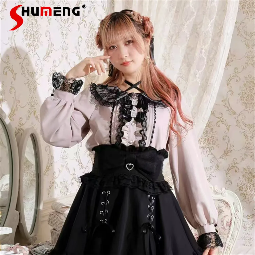 Japanese Mine Style Sweet Shirts Lace-up Halter Lace Doll Collar Bow Long Sleeve Single-breasted Lolita Blouse Tops Women Spring
Japanese Mine Style Sweet Shirts Lace-up Halter Lace Doll Collar Bow Long Sleeve Single-breasted Lolita Blouse Tops Women Spring