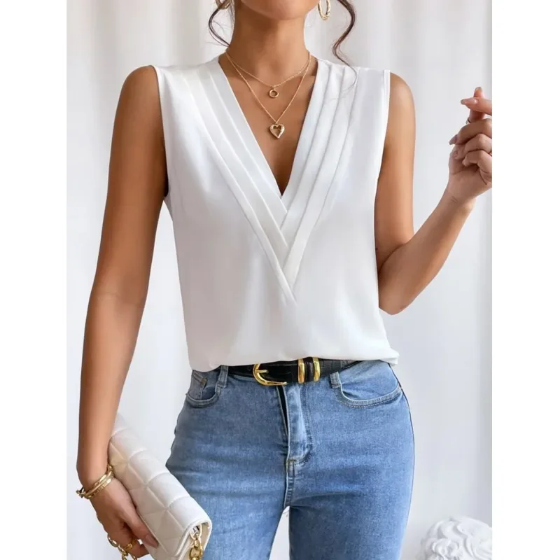 Ladies Sleeveless White T shirt 2025 Summer New Multi Layered V-neck Solid Tank Top For Women T-shirt Femininas
Ladies Sleeveless White T shirt 2025 Summer New Multi Layered V-neck Solid Tank Top For Women T-shirt Femininas