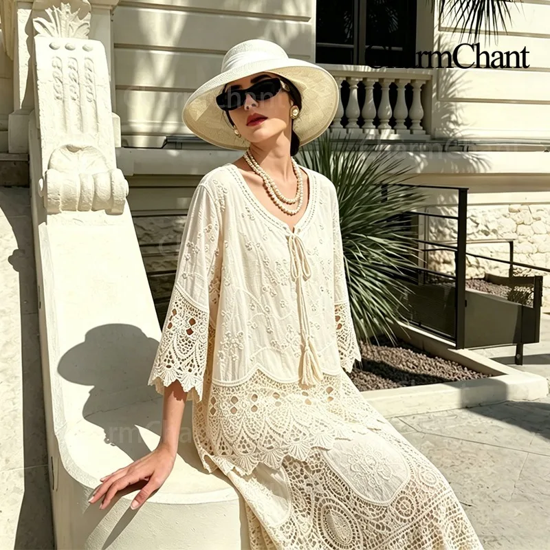 CHARMCHANT Women's Beige Crochet 100% Cotton Two-Piece Set V-Neck Top & Maxi Skirt Boho Beach Vacation Outfit Spring Summer 2026
CHARMCHANT Women's Beige Crochet 100% Cotton Two-Piece Set V-Neck Top & Maxi Skirt Boho Beach Vacation Outfit Spring Summer 2026