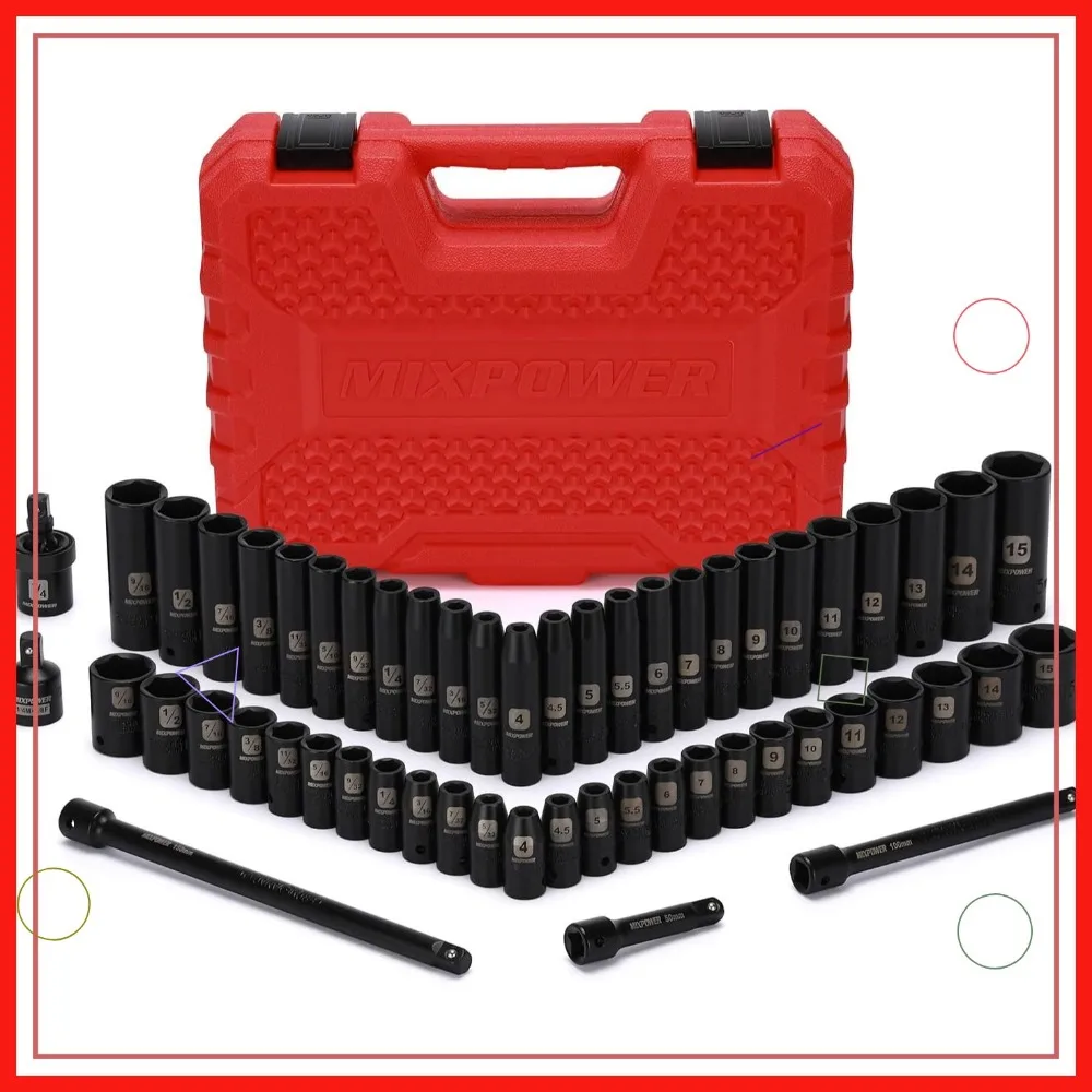 55-Piece 1/4" Impact Socket Set, CR-V Steel, SAE/Metric Sizes 5/32"-9/16", 4mm-15mm with Adapters
55-Piece 1/4" Impact Socket Set, CR-V Steel, SAE/Metric Sizes 5/32"-9/16", 4mm-15mm with Adapters