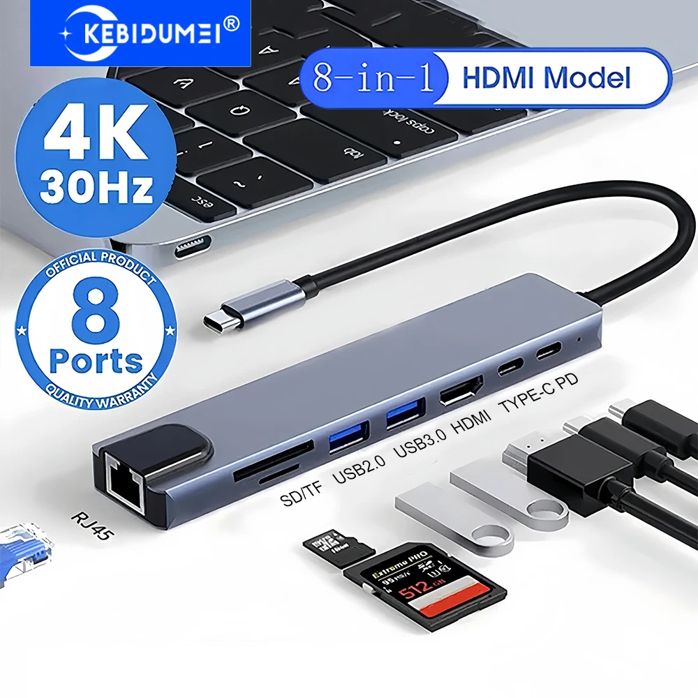Многофункциональная док-станция KEBIDUMEI 8-в-1 USB-C: адаптер Type-C 3.1 с выходом 4K HDMI, концентратор USB 3.0, разветвитель Type-C с RJ45, кардридер SD/TF, поддержка PD
Многофункциональная док-станция KEBIDUMEI 8-в-1 USB-C: адаптер Type-C 3.1 с выходом 4K HDMI, концентратор USB 3.0, разветвитель Type-C с RJ45, кардридер SD/TF, поддержка PD