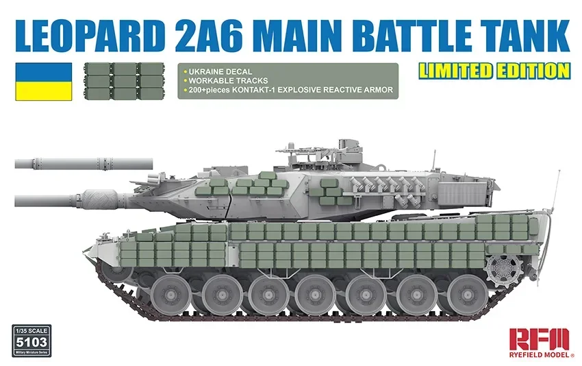 Ryefield Model Kit 1/35 tank RM-5103 Leopard2A6 main battle tank black version with 200 explosion-proof reactive armour
Ryefield Model Kit 1/35 tank RM-5103 Leopard2A6 main battle tank black version with 200 explosion-proof reactive armour