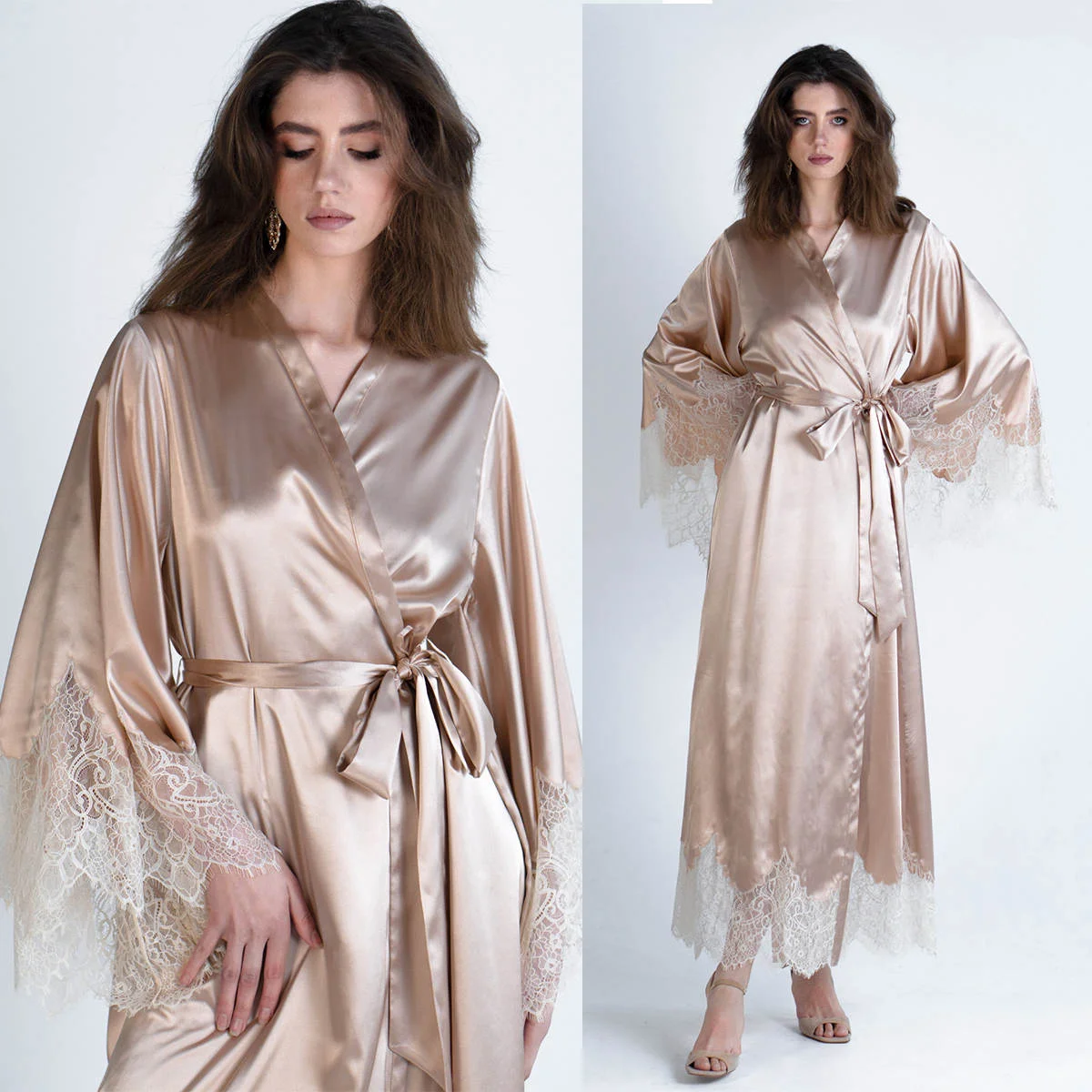 Sexy Women's Kimono Robe Lace Trimmed Satin Nightgown Bridal Wedding Sleepwear Adjustable Belt Comfortable Loungewear Customized
Sexy Women's Kimono Robe Lace Trimmed Satin Nightgown Bridal Wedding Sleepwear Adjustable Belt Comfortable Loungewear Customized