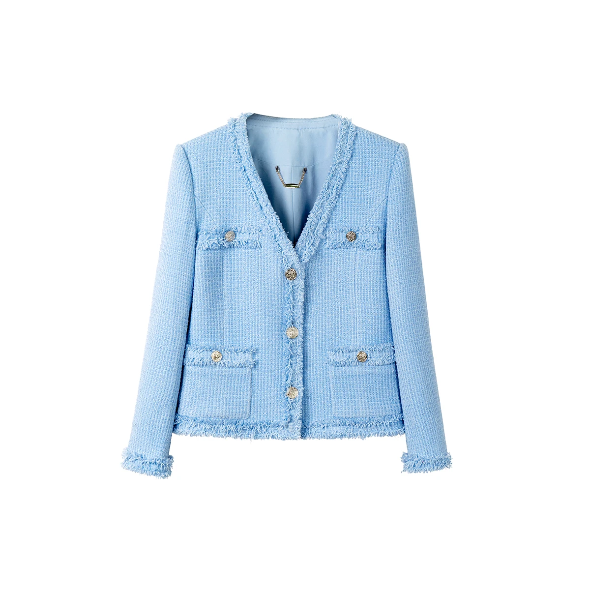 2025 fashionable, elegant, simple, light luxury high-end temperament blue V-neck single-breasted tweed bristle design jacket
2025 fashionable, elegant, simple, light luxury high-end temperament blue V-neck single-breasted tweed bristle design jacket