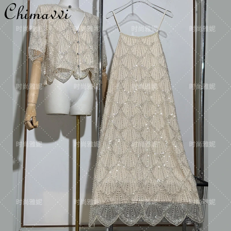 Heavy Sequined Beaded Women's Loose Suspender Skirt Five-quarter Sleeve V-neck Cardigan Jacket Two-piece Summer New Dress Set
Heavy Sequined Beaded Women's Loose Suspender Skirt Five-quarter Sleeve V-neck Cardigan Jacket Two-piece Summer New Dress Set