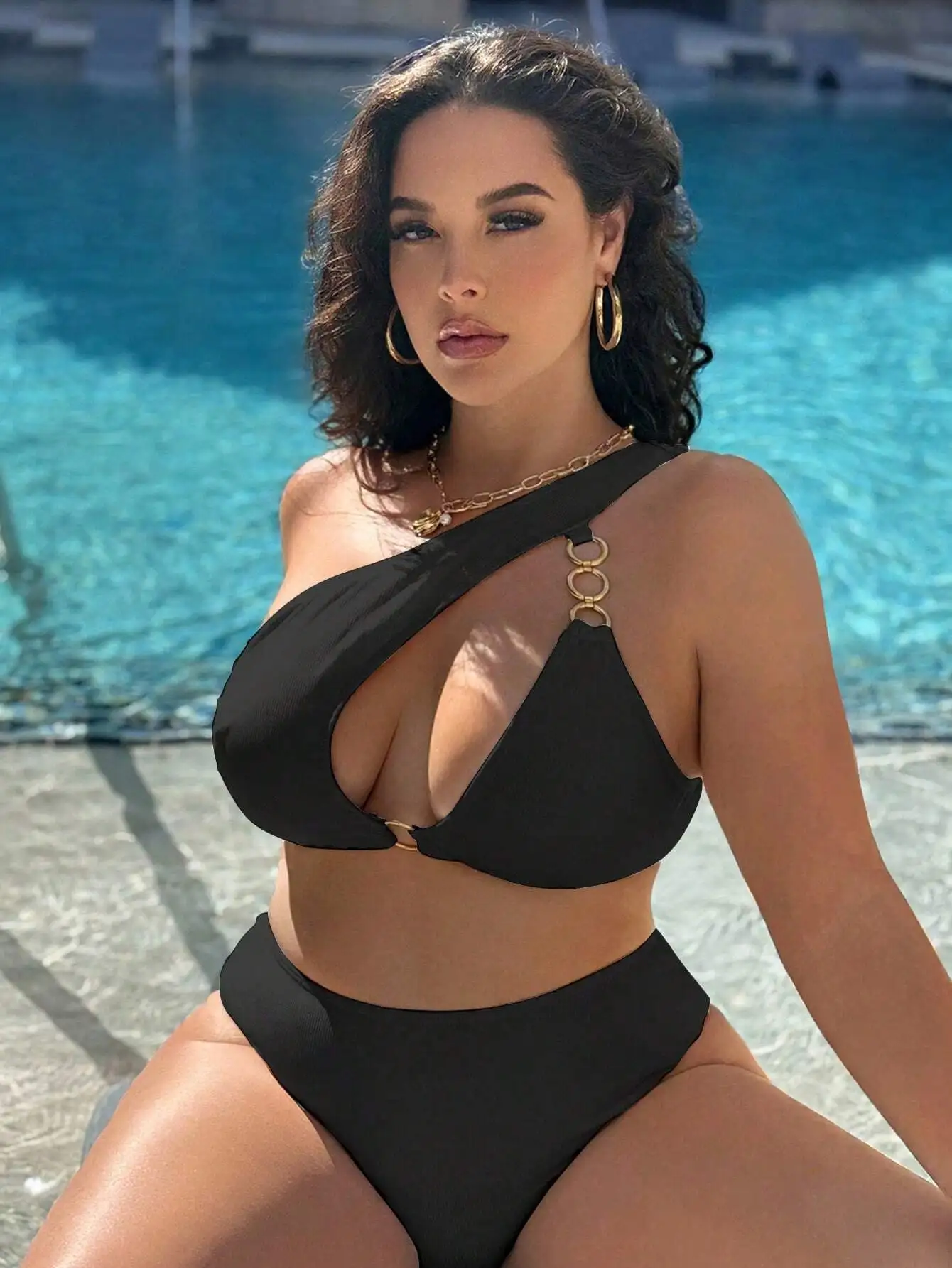 Curvy Women's One-Shoulder Black Bikini With Gold Ring Detailing, Cutout Design For Poolside And Beach Getaways
Curvy Women's One-Shoulder Black Bikini With Gold Ring Detailing, Cutout Design For Poolside And Beach Getaways