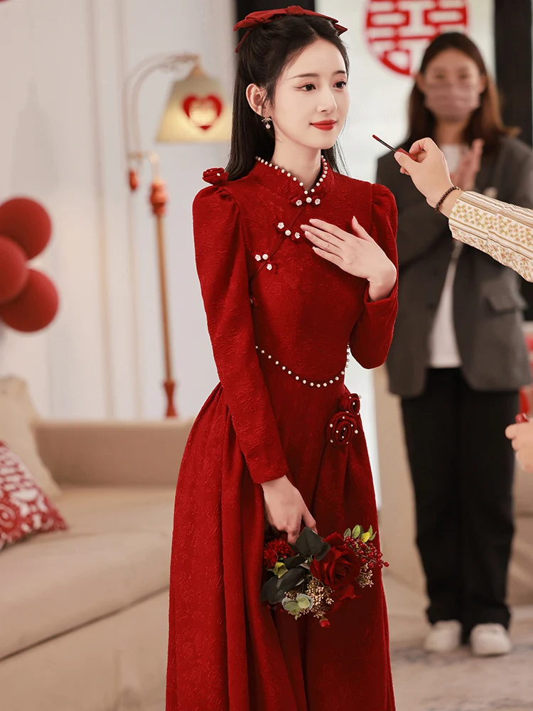 Winter Wedding Dr Red Long Sve Engagement Dr High End Women's Faion Pure Color Korean Sle mid Waist
Winter Wedding Dr Red Long Sve Engagement Dr High End Women's Faion Pure Color Korean Sle mid Waist