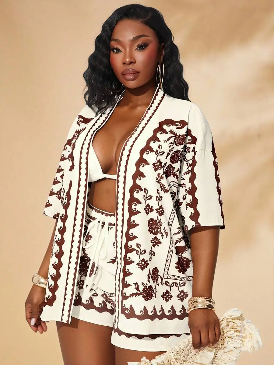 Plus Size Womens Boho Printed Beach Set Short Sleeve Shirt And Elastic Waist Shorts 2PC Summer Holiday Outfit
Plus Size Womens Boho Printed Beach Set Short Sleeve Shirt And Elastic Waist Shorts 2PC Summer Holiday Outfit