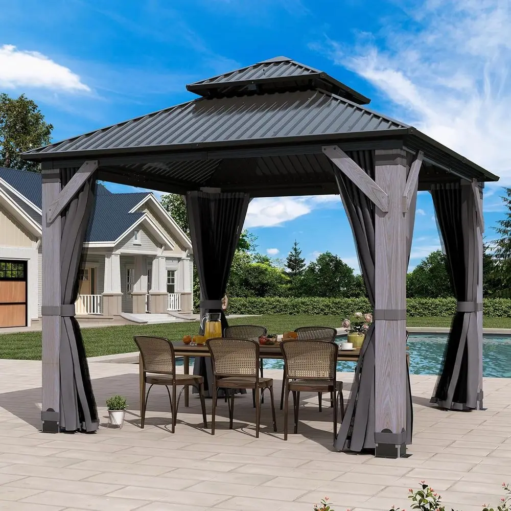 10'x10' Wood Gazebo, Outdoor Hardtop Gazebo with Wood Posts and Galvanized Steel Doule Roo, Wooden e Gazebos with Netting and Cu
10'x10' Wood Gazebo, Outdoor Hardtop Gazebo with Wood Posts and Galvanized Steel Doule Roo, Wooden e Gazebos with Netting and Cu