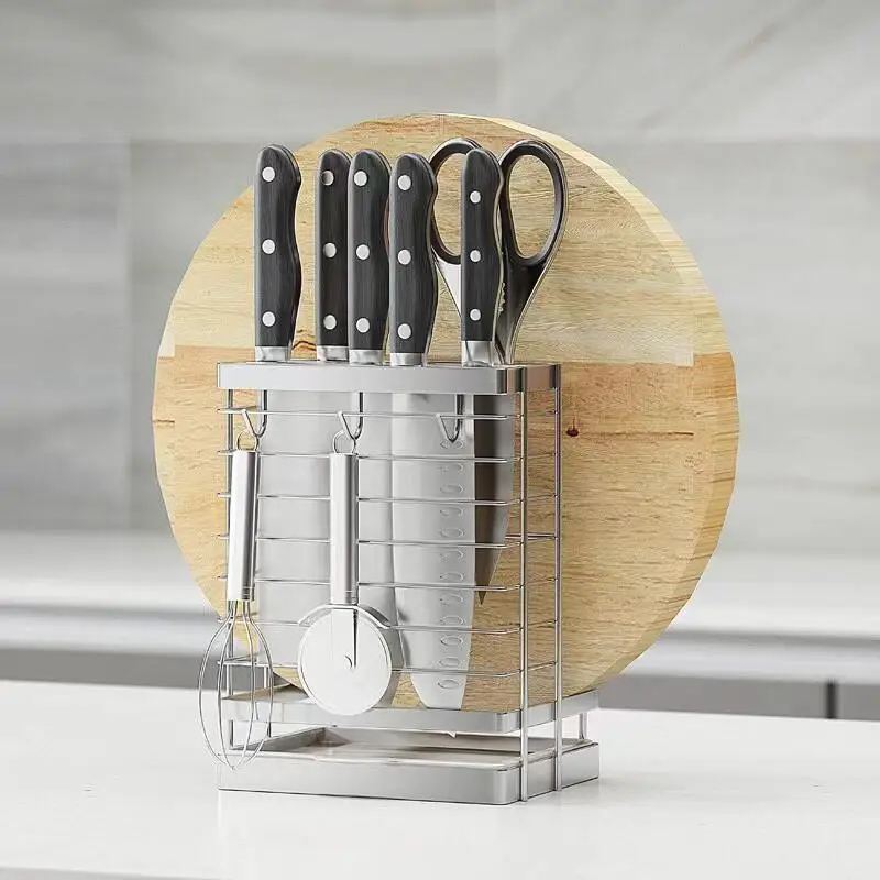Multi-Functional 304 Stainless Steel Knife Holder with Hook Drainboard Cutting Board Rack Kitchen Storage Knife Rack
Multi-Functional 304 Stainless Steel Knife Holder with Hook Drainboard Cutting Board Rack Kitchen Storage Knife Rack