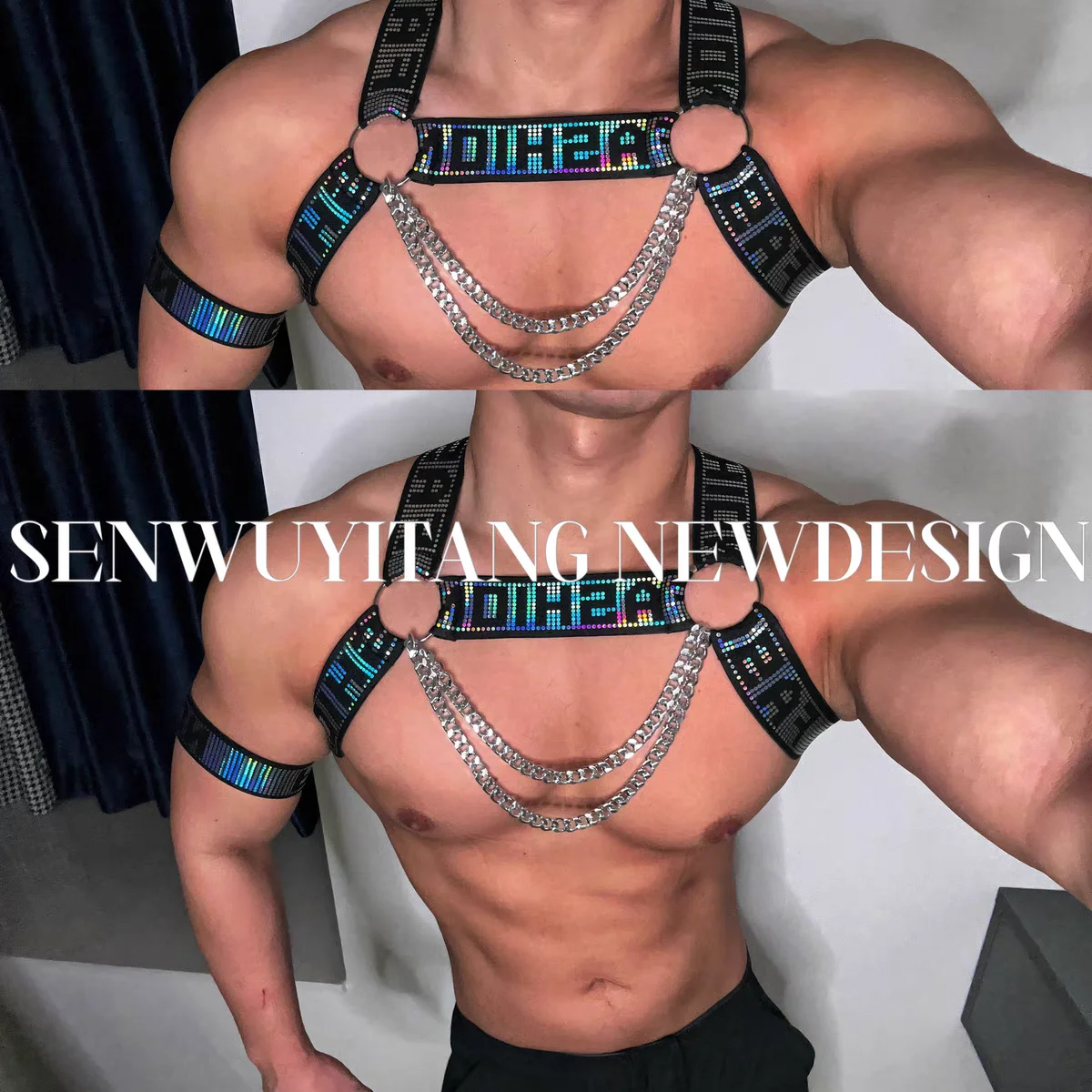Sexy Iron Chain Silver Elastic Strap Chest Strap Holiday Party Dance Team Nightclub Bar Male DJ Singer Performance Clothing
Sexy Iron Chain Silver Elastic Strap Chest Strap Holiday Party Dance Team Nightclub Bar Male DJ Singer Performance Clothing