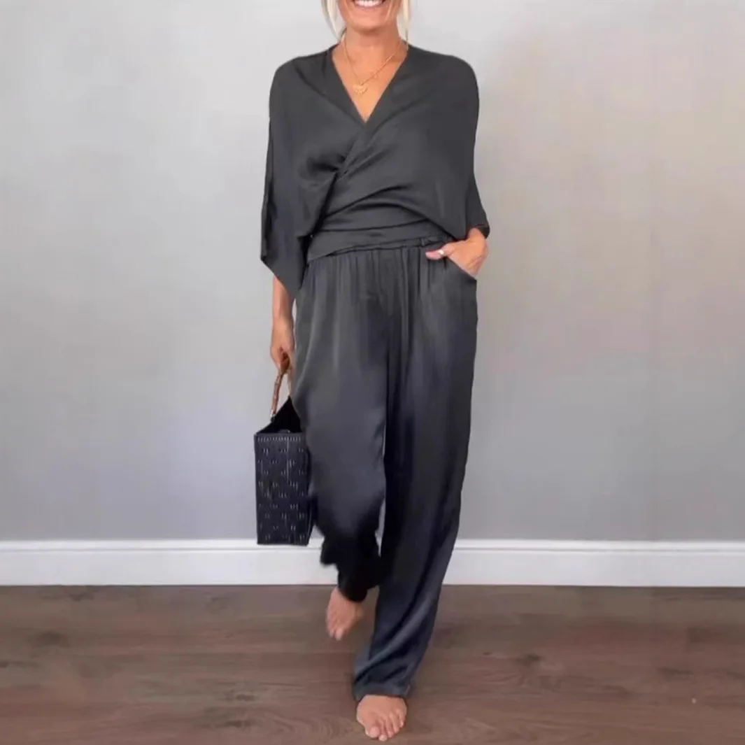 New Batwing Sleeve Stain Shirt And Pants Two Piece Sets Women Spring Summer Fashion Solid High Waist Pants 2 Piece Sets Suit
New Batwing Sleeve Stain Shirt And Pants Two Piece Sets Women Spring Summer Fashion Solid High Waist Pants 2 Piece Sets Suit